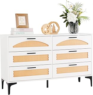 6 Drawer Double Dresser for Bedroom, Wood Rattan Dresser for Closet with Metal Handles, Boho TV Stand with Drawers, White Dressers & Chests of Drawers for Bedroom, Hallway and Entryway