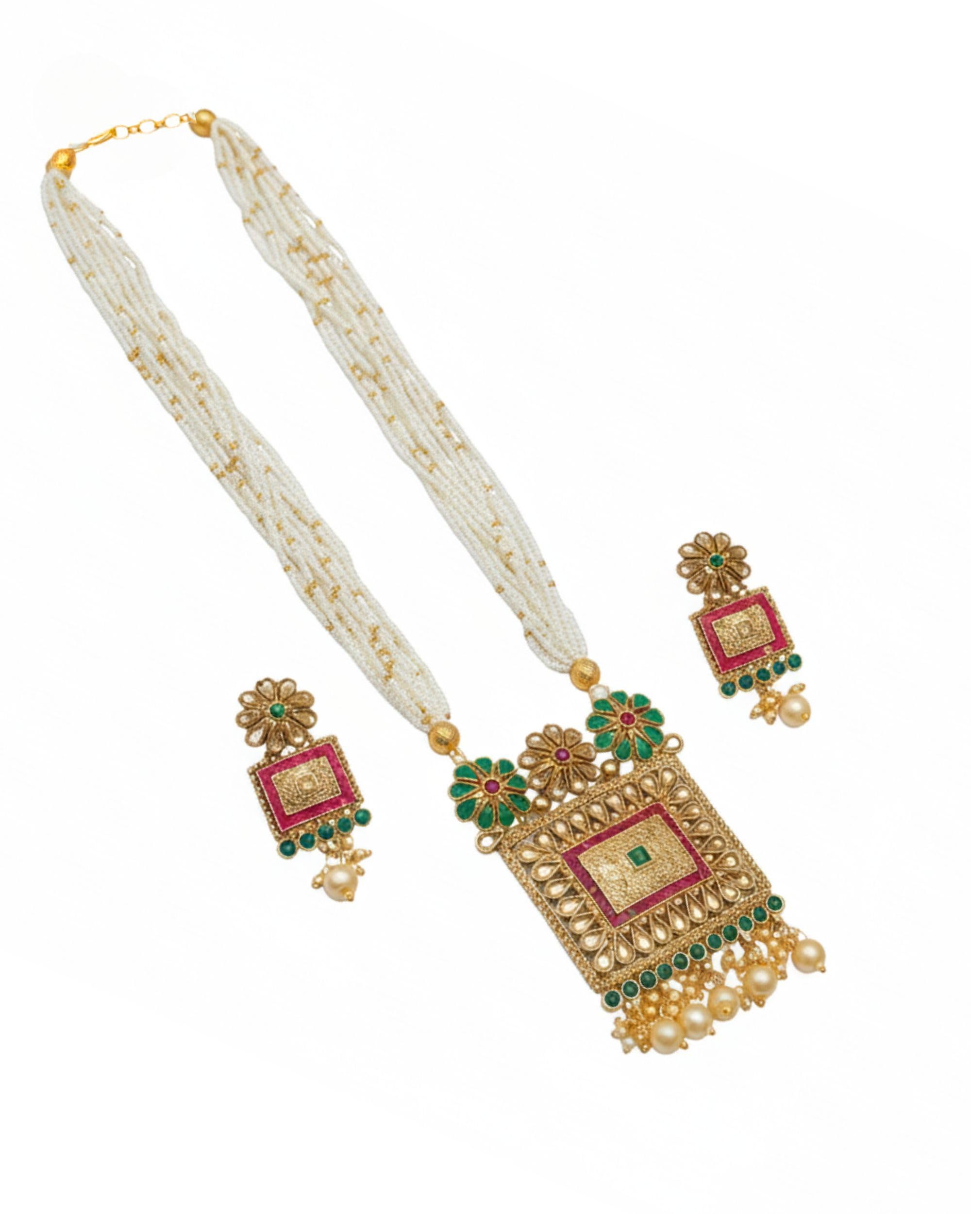 Mansiyaorange South Indian Temple Style Long Pearl Rani Haar with Floral Necklace & Earrings | Traditional Gold Plated Kempu Kundan Stone Jewelry Set for Women
