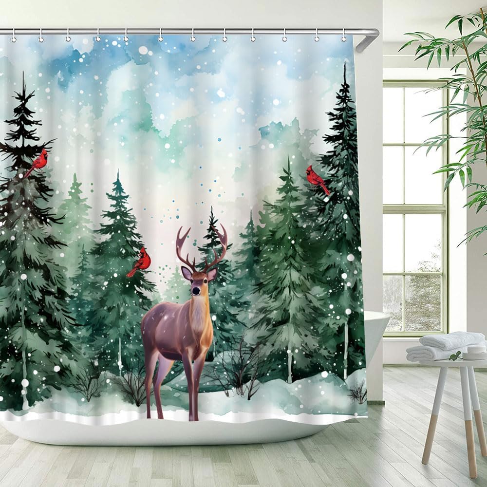 Winter Forest Deer Shower Curtain Merry Christmas Watercolor Farmhouse Elk Moose Rustic Cabin Hunnting Red Bird Happy New Year Bathroom Decor Fabric Curtains with Hook 80Wx70H Inches