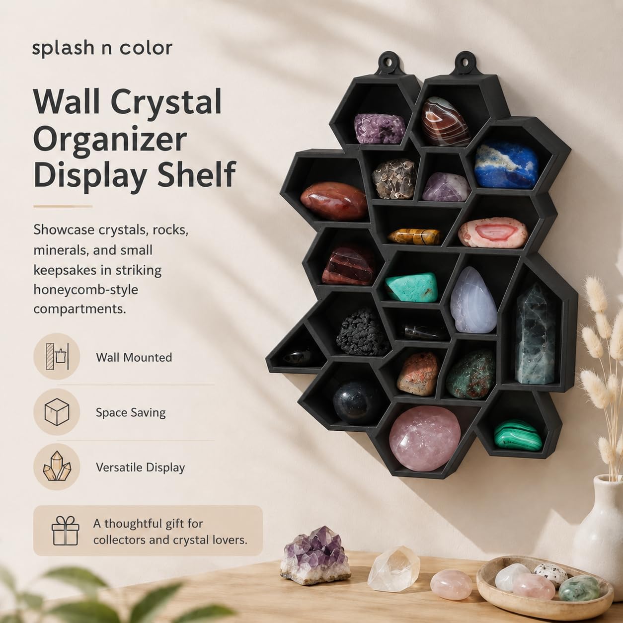 Wall Crystal Organizer – Decorative Stone Display Shelf with Individual Compartments | Freestanding or Wall Mounted Mineral Rock Holder | Multi-Slot Gem Collection
