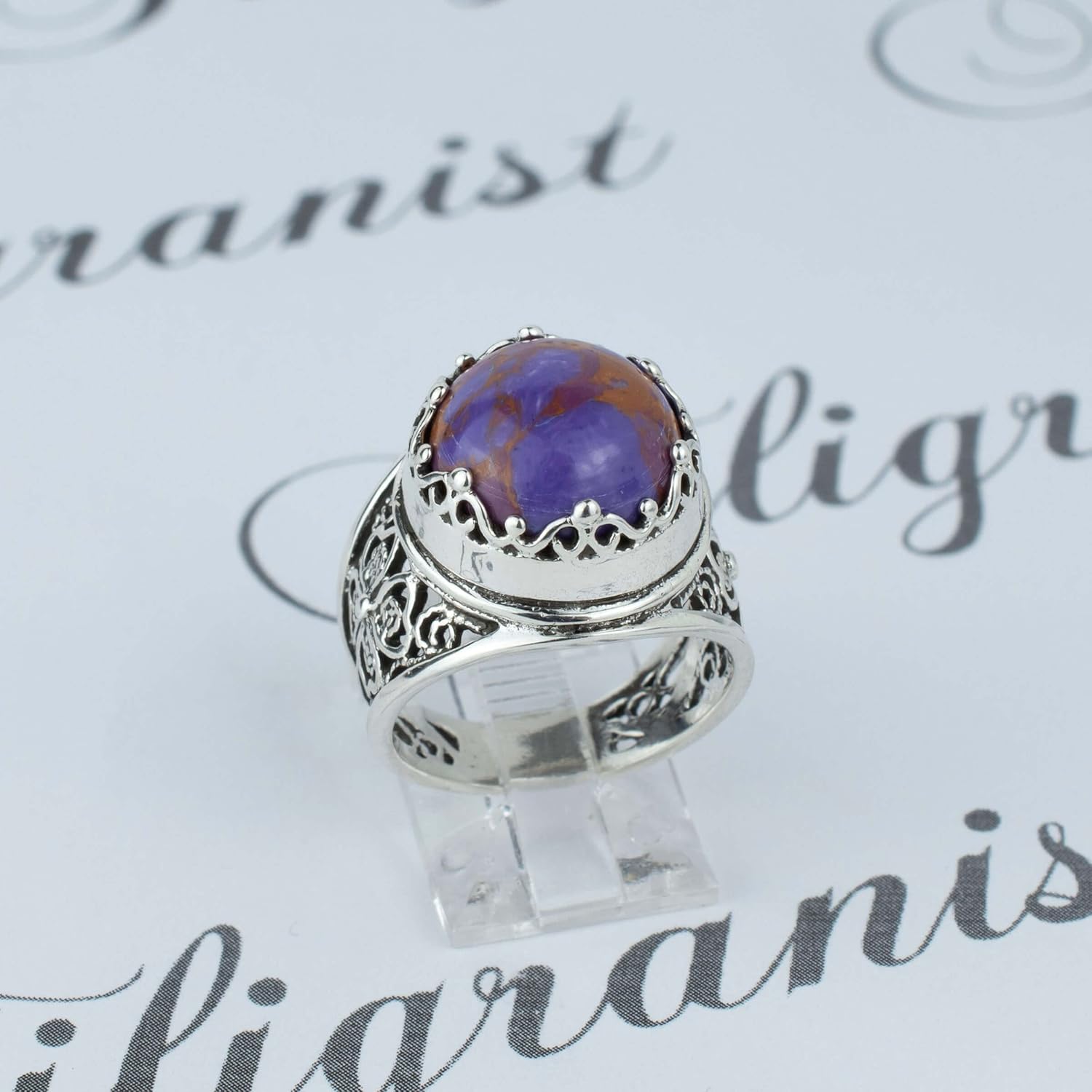 Filigranist 925 Sterling Silver Filigree Art Women Cocktail Ring with Gemstones, Gift Boxed