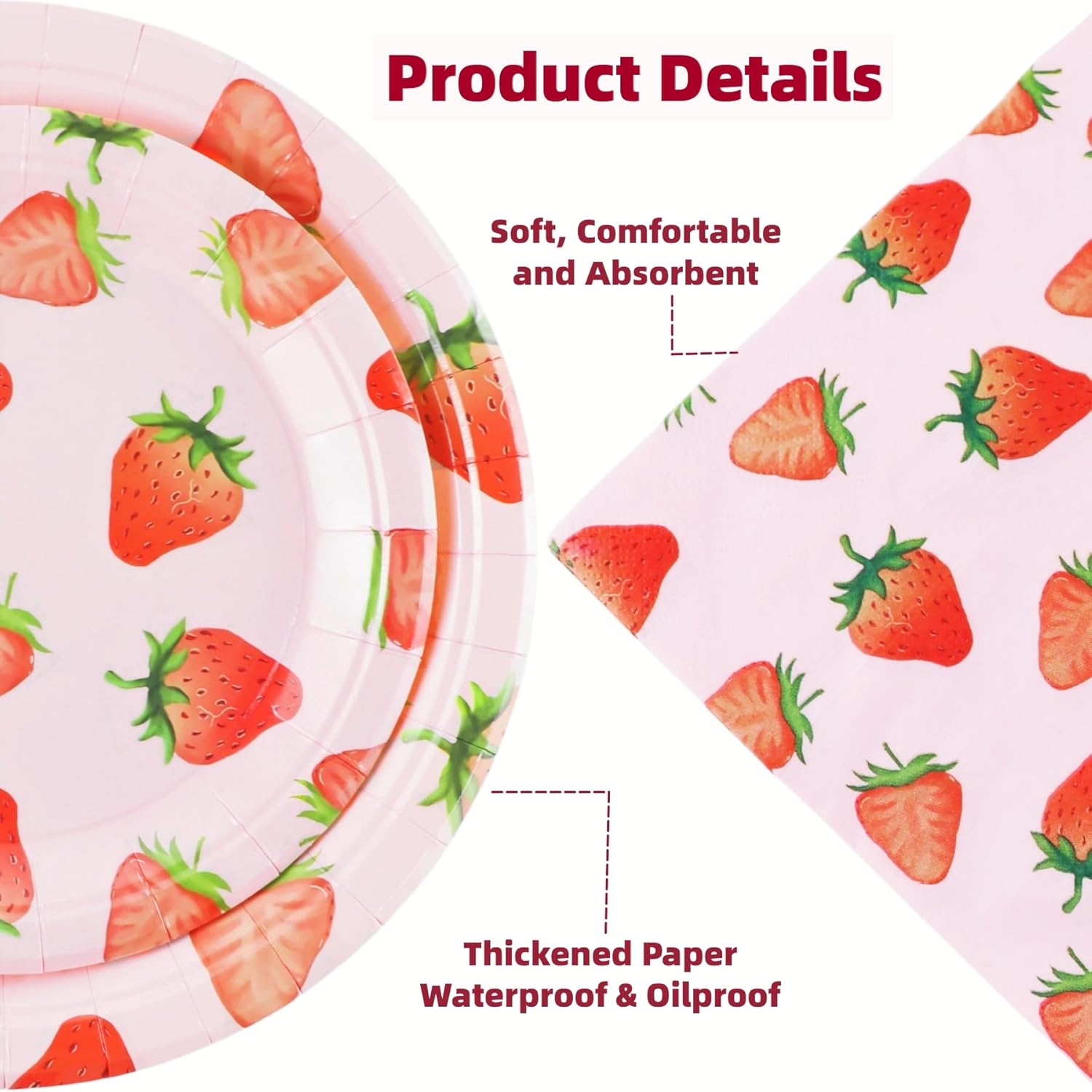 Strawberry Party Tableware Set - 200PCS Birthday Party Supplies Pink Disposable Paper Plates, Cups & Napkins for 50 Guests: Strawberry Pattern, Baby Showers, 1st Birthdays, Christmas