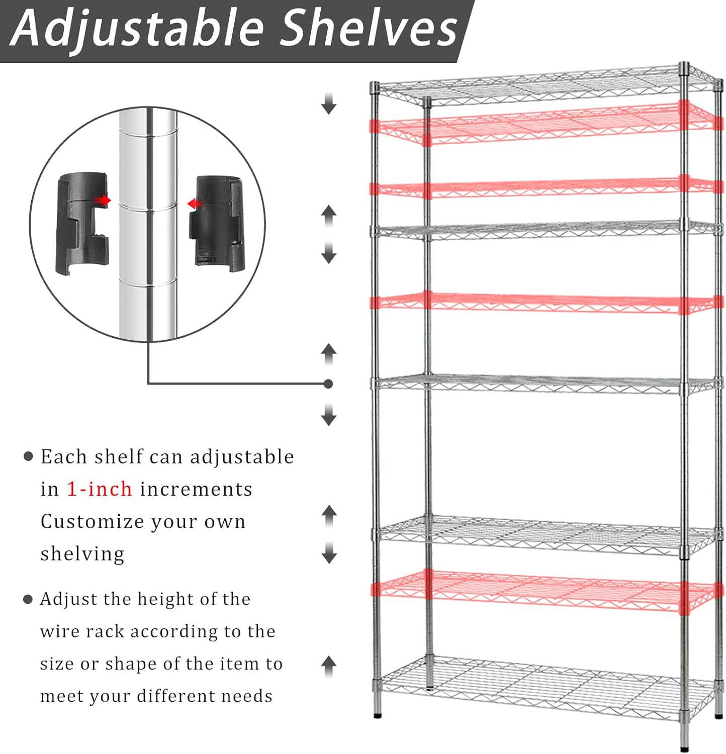 5-Tier Storage Shelves Adjustable Metal Shelf 1200Lbs Capacity NSF Wire Rack Shelving with Adjustable Feet Shelf Unit for Kitchen Garage Basement, 72" H x 36" W x 14" D, Chrome