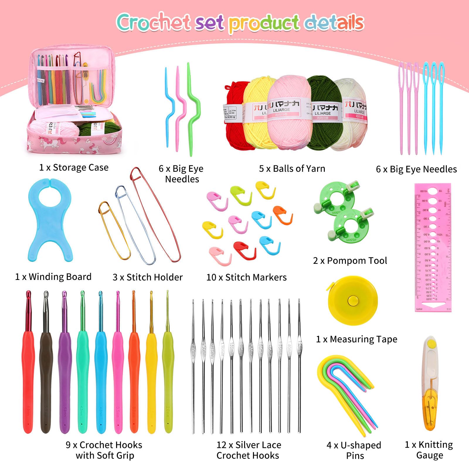 Luckits 59 kit all'uncinetto di PC per principianti, set di ganci all'uncinetto con custodia include 5 palline di filato all'uncinetto 21 ganci all'uncinetto, 6 aghi e più accessori all'uncinetto