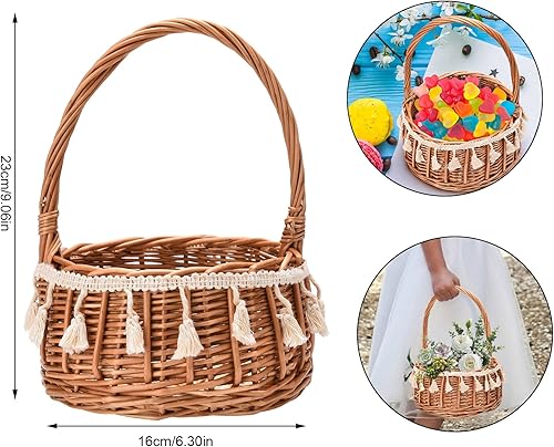 Miniatura 7 de Cesta pequeña de mimbre para niña de flores, cesta de flores de boda con borlas, cesta de paja tejida para decoración de boda y fiesta de cumpleaños