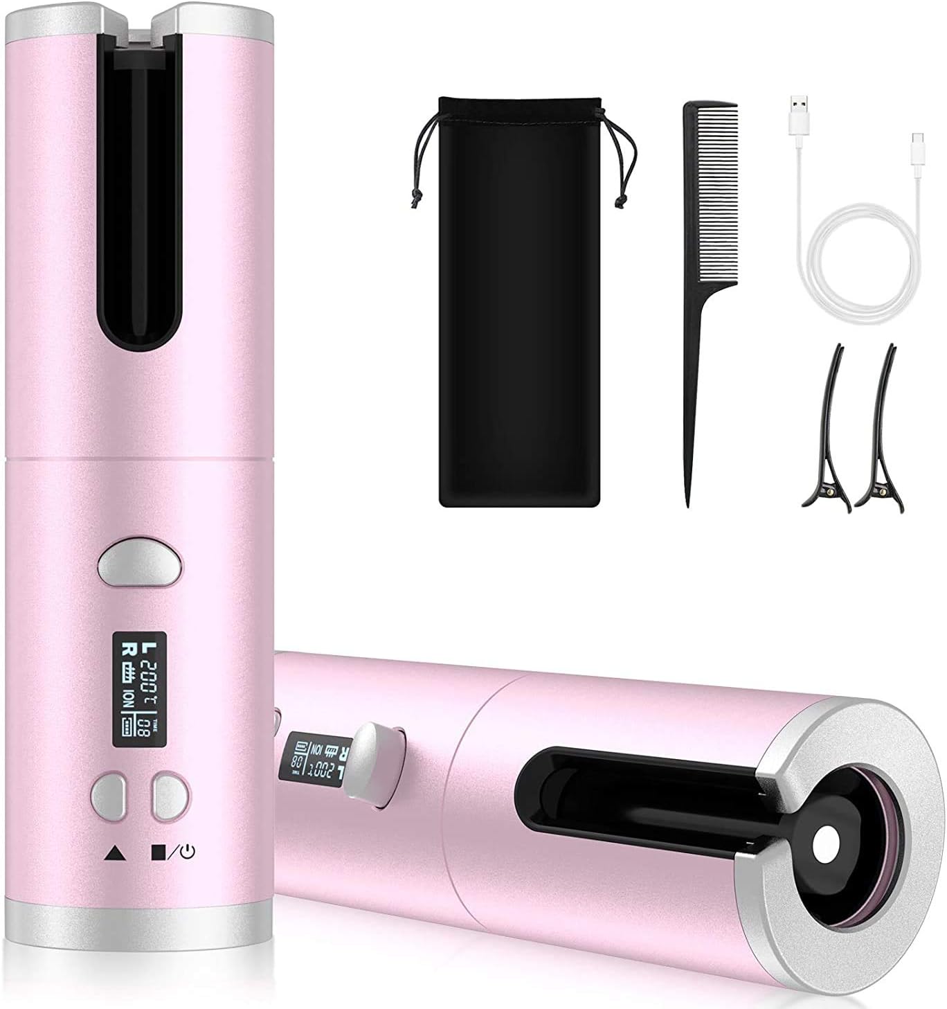 Cordless Auto Hair Curler, LCD Display & USB Rechargeable Anti-tangle Hair Curly Wall, 6 Adjustable Temperatures, Portable Hair Styler for Travel,Pink Cordless Auto Hair Curler, LCD Display & USB Rechargeable Anti-tangle Hair Curly Wall, 6 Adjustable Temperatures, Portable Hair Styler for Travel,Pink