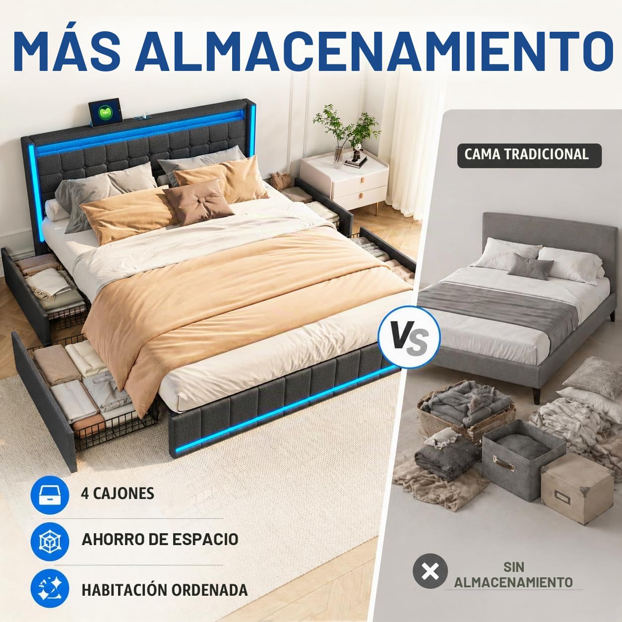 BRILVERDE Cama tapizada 160x200 con almacenaje, con 4 cajones, Cama matrimonial con Toma USB y luz LED, con cabecero y somier de láminas, Lino (Grigio, 160 x 200 cm)