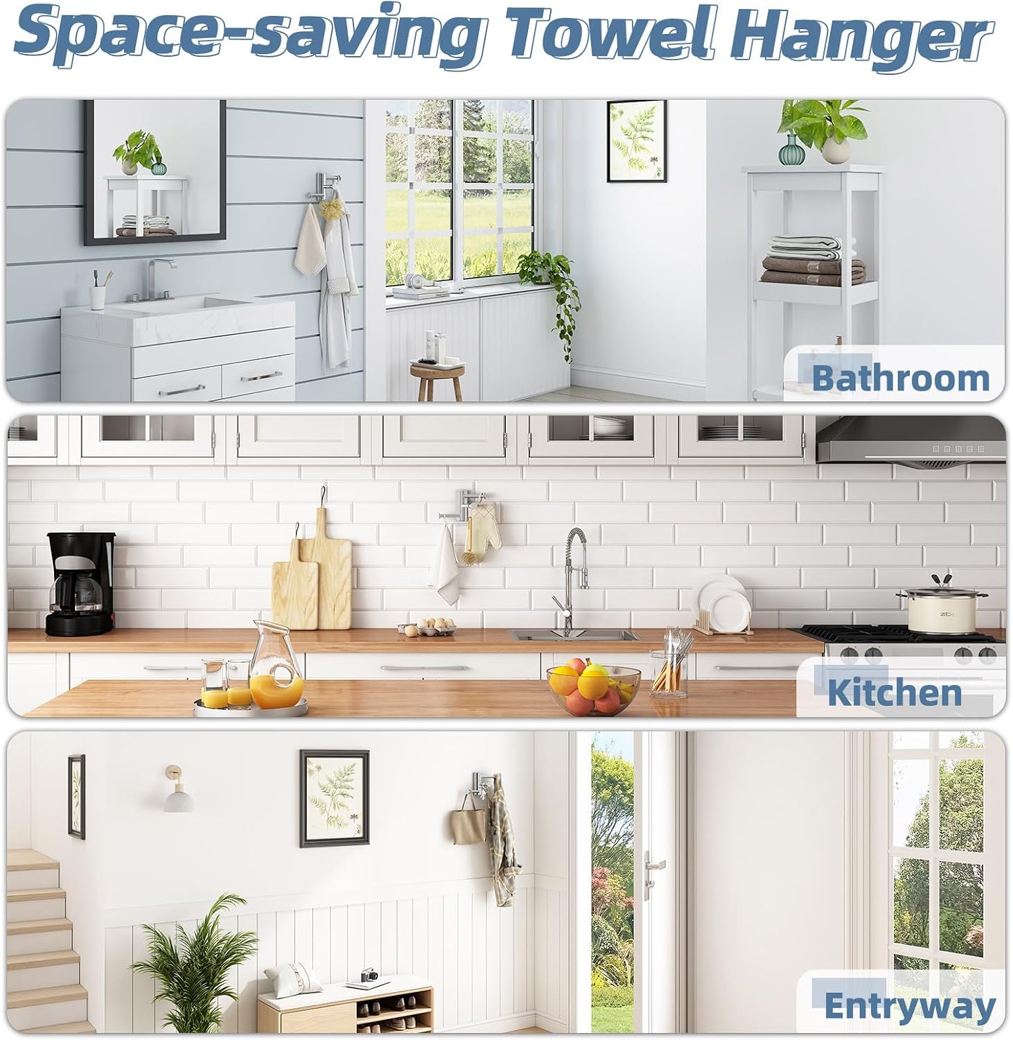 APLusee Triple Swivel Towel Hook, Polished Chrome, 304 Stainless Steel image 5