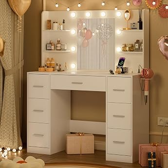Airfish Large Dressing Table with LED Lighting Adjustable Brightness Dressing Table with Mirror 7 Drawers and Socket 4 Shelves Modern for Bedroom White