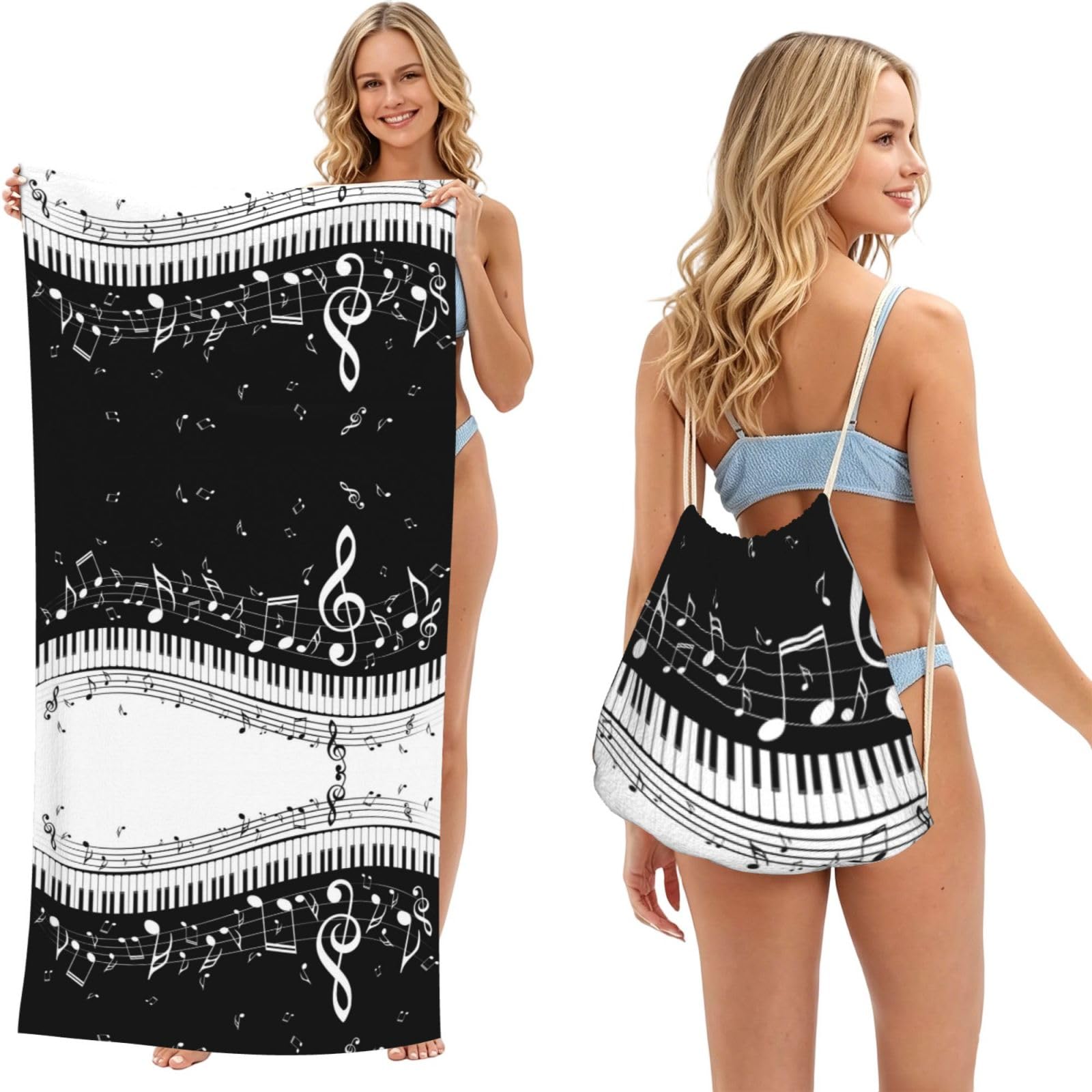SATUSA Piano Keys With Musical Notes Print 2-In-1 Foldable Beach Towel Backpack â€“ Camping, Yoga And Travel,Bath Towel With Built-In Storage, Convertible Beach Mat & Carry Bag