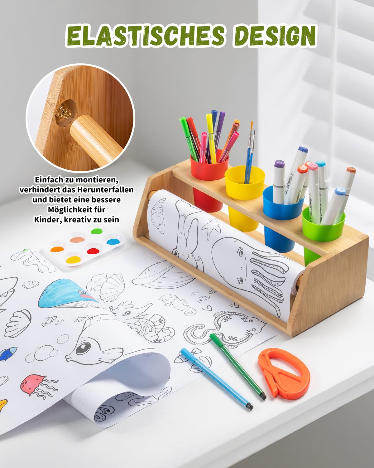 Holz Papierrollenhalter – 35-teiliges Malset mit Malrolle für Kinder, Papierrolle malen Kinder, Farben & Pinseln – Fördert die Selbstständigkeit des Kindes in der Schule und zu Hause