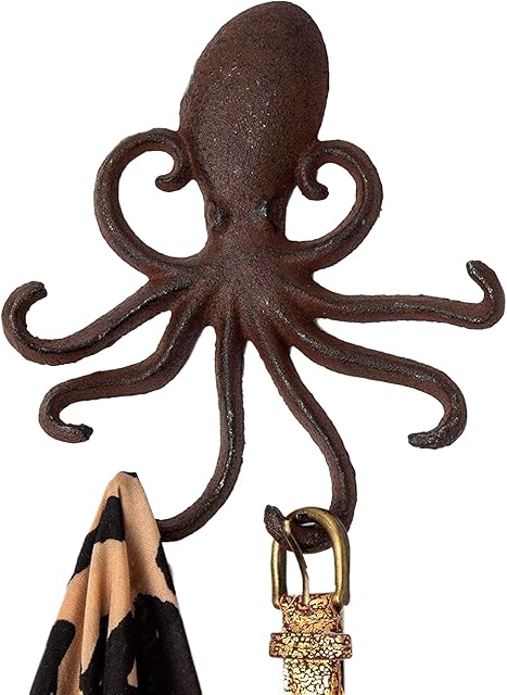 Cast Iron Octopus Wall Hook  Decorative Swimming Octopus Tentacles Key Hook for Entryway, Door way or Bathroom  Novelty Wall Décor  Rustic Brown Color with Screws and Anchors Included