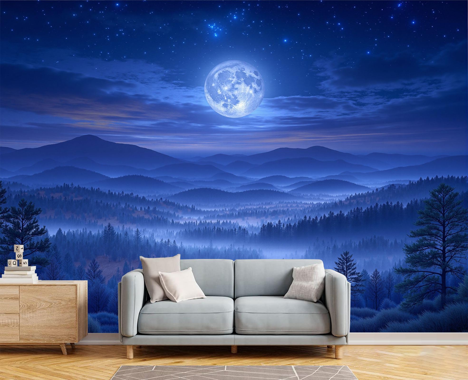 Papier peint panoramique pleine lune 450x315cm forêt de pins
