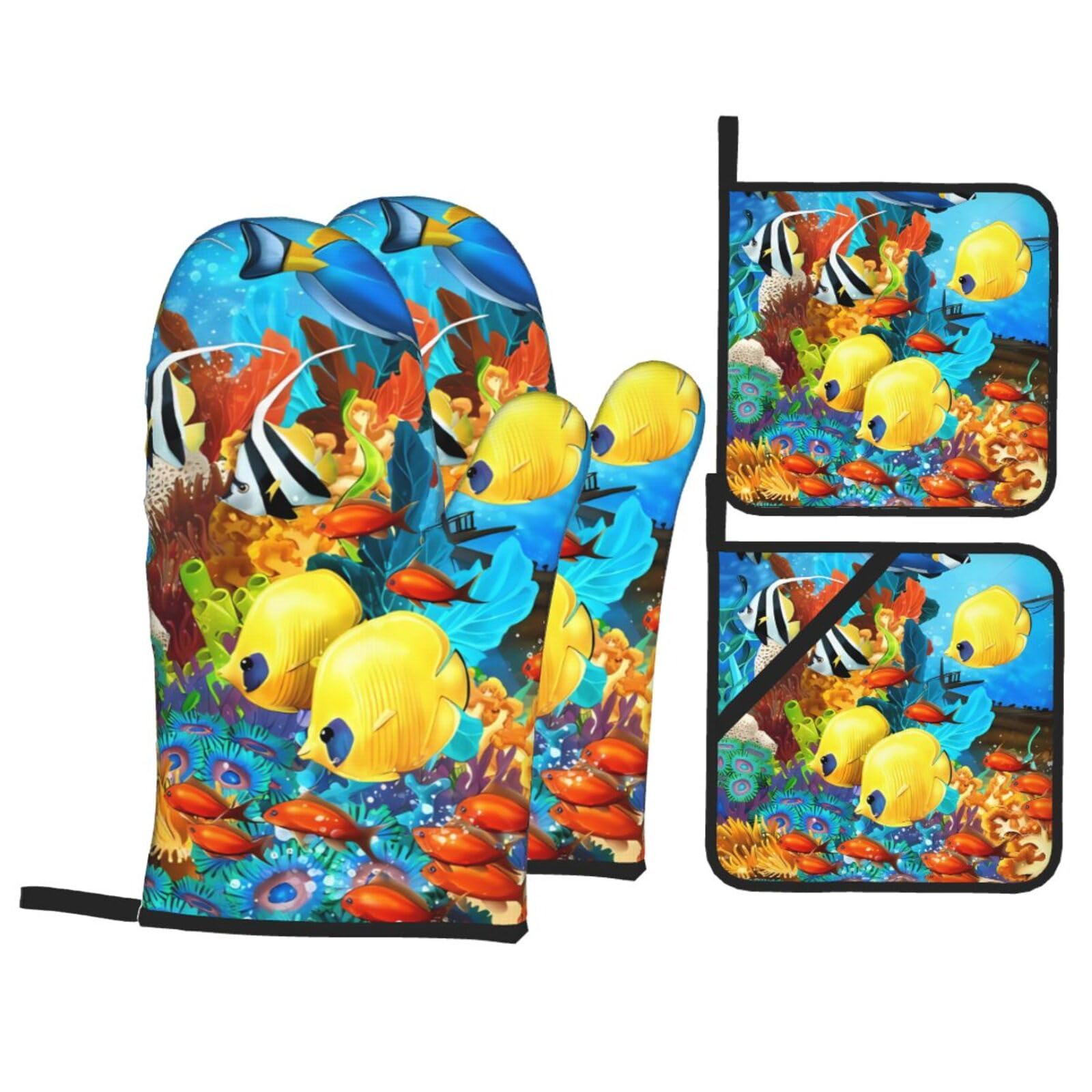 WHJSSF Tropical Ocean Sea Fish Prints Kitchen Baking Set - 4-Piece Heat Protection Layers with Waterproof Potholders for Oven, Grill & Serving