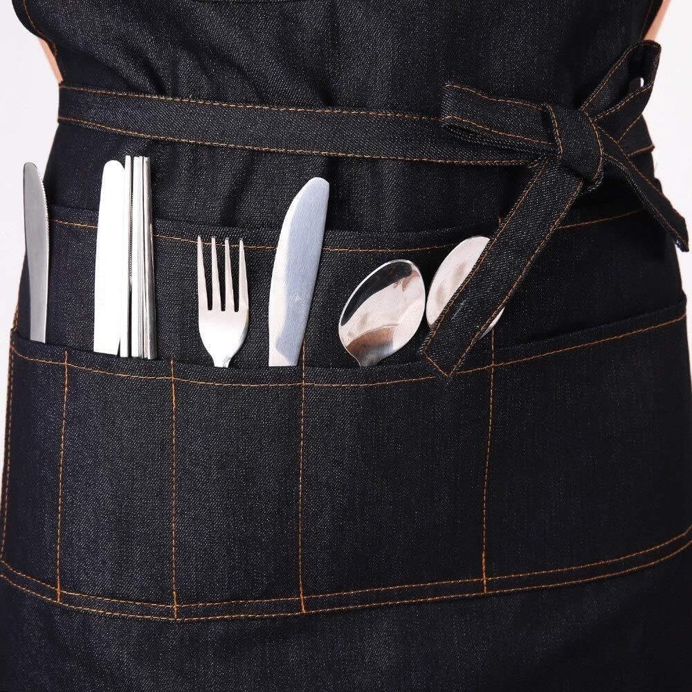 Chef Aprons for Men Women with ，Aprons With Pockets Fashion Black Denim Apron for Chef Kitchen Apron Apron
