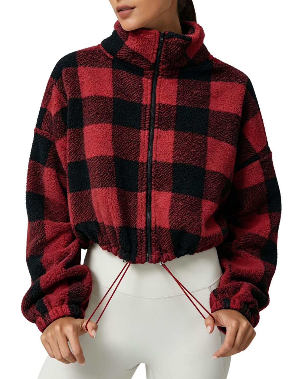 QINSEN Women's Full Zip Fleece Short Jacket Warm Winter Long Sleeve Stand Collar Sherpa Crop Coat