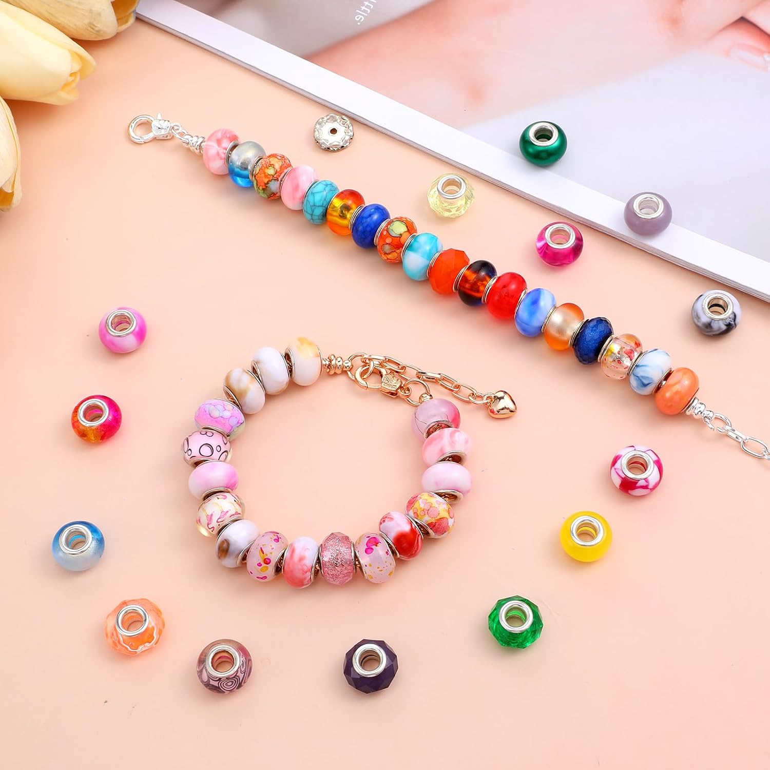 30 Pcs Snake Chain Charm Bracelet with Bracelet Helper - Adjustable DIY Jewelry Making Kit for Women, Gold & Silver Metal Bracelets with Heart Lobster Clasp Extender, Craft Supplies & Gifts