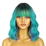 BERON 14 Inches Turquoise Wig Short Curly Wig Ombre Green Curly Wigs Short Teal Green Wigs with Bangs for Women Daily Party Cosplay Hairnet Include