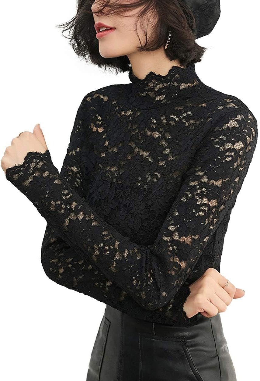Women's Floral Lace Top Sexy Long Sleeve Mock Neck Casual Shirt Going Out Blouse - Image 2