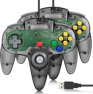 2 Pack FISUPER USB N64 Controller, Wired USB Gamepad Joystick for Windows PC MAC Raspberry PI(Clear Black)
