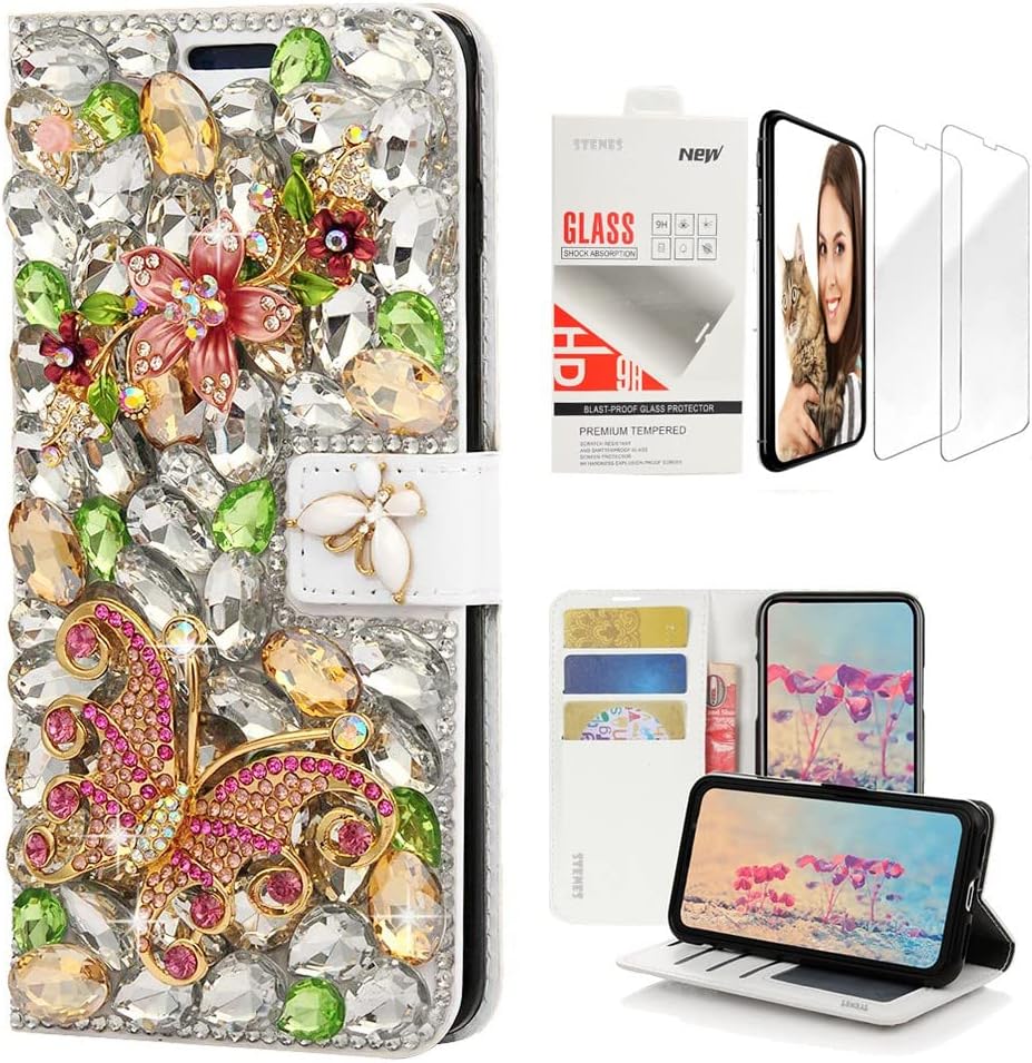 STENES Bling Wallet Phone Case Compatible with iPhone 12 Case - Stylish - 3D Handmade Crystal Flower Floral Butterfly Magnetic Wallet Leather Cover with Screen Protector [2 Pack] - Green