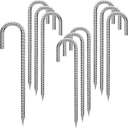 Rebar Estacas de 12 pulgadas, paquete de 10 estacas de metal resistente en J, estacas de valla para trampolín, valla, tienda de campaña (10, 12