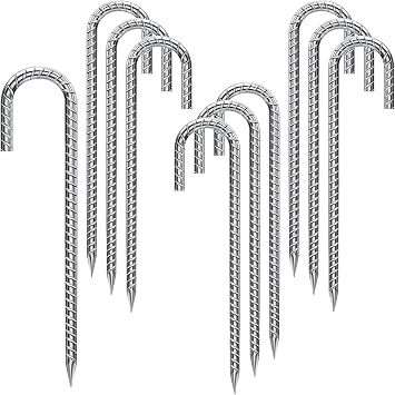 Rebar Stakes 12 Inch 10 Pack Tent Stakes Heavy Duty Metal J Hook, Fence Stakes for Trampoline, Fence, Camping Tent 10, 12"