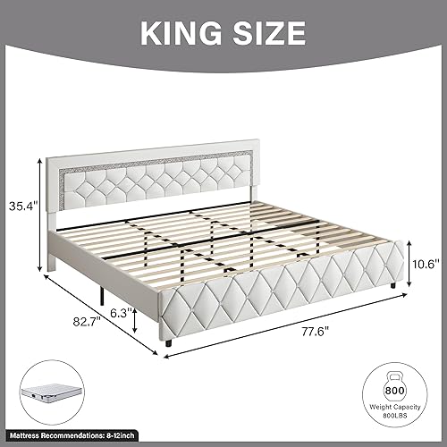 Miniatura 92 de BarnFurin - Base de cama matrimonial con cabecera capitoné, plataforma tapizada con diseño de diamante, base de colchón, soporte de listones de