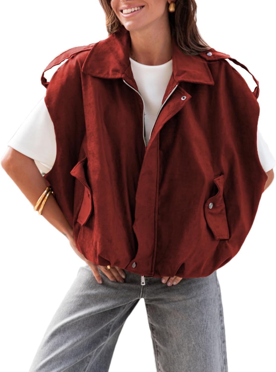 Zontroldy Womens Faux Suede Vest Cropped Bomber Jacket Casual Sleeveless Streetwear Top Vests Trendy
