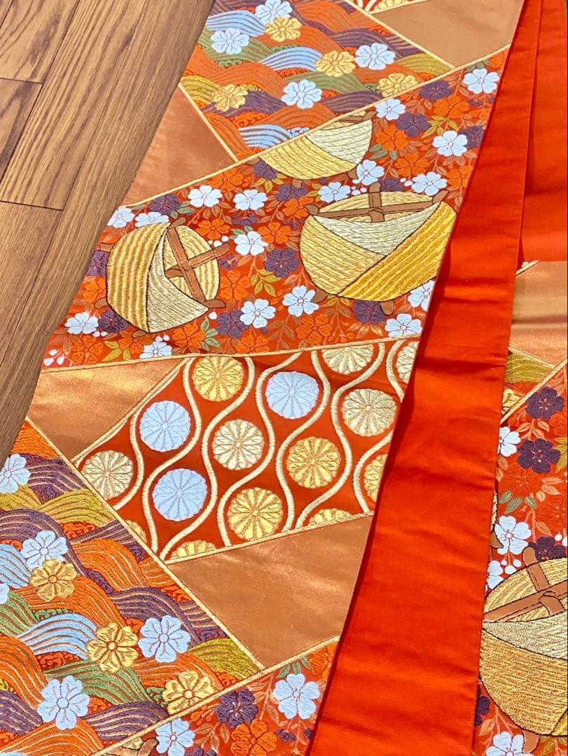 正絹 河合美術織物 6通袋帯 糸車 金糸