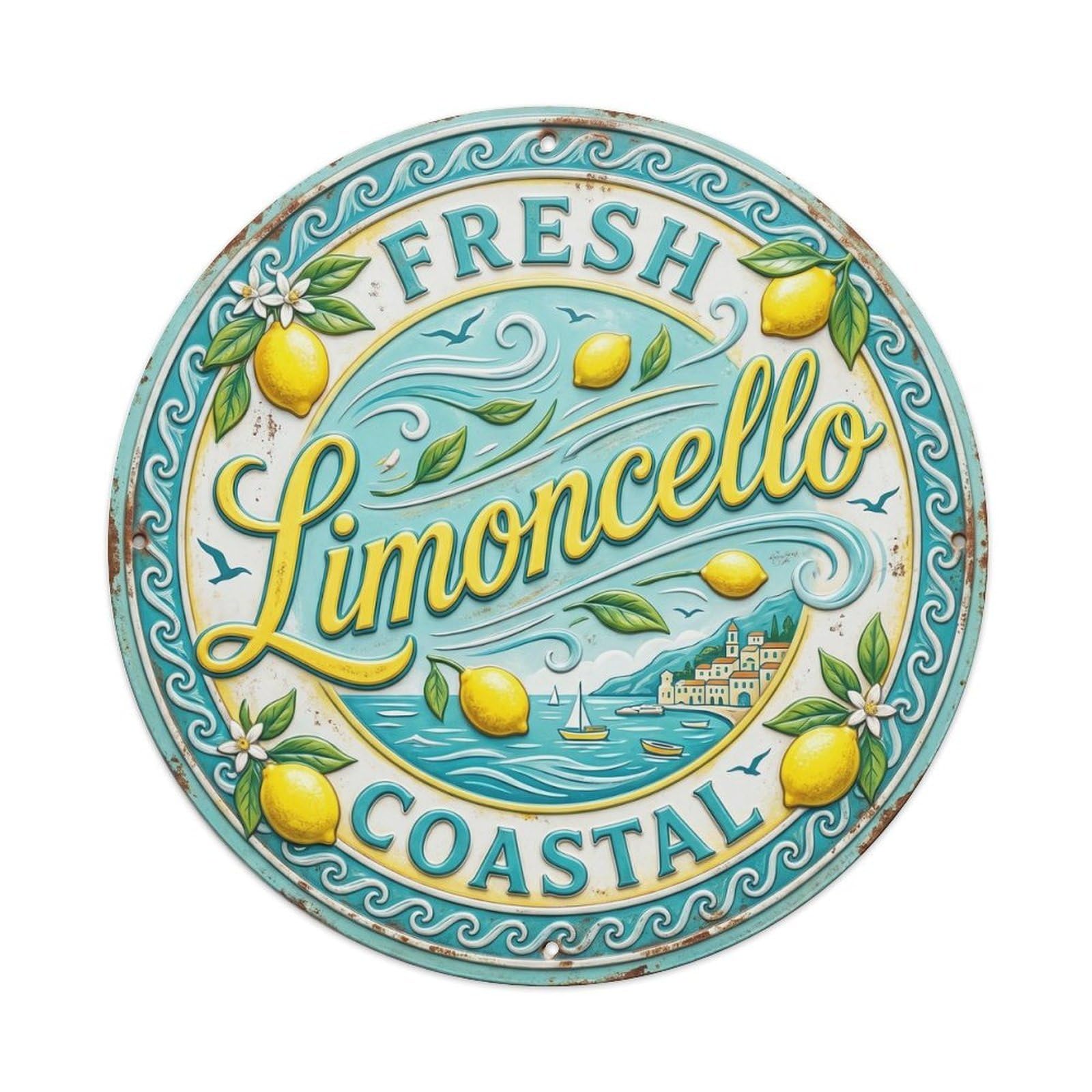 Fresh Coastal Limoncello Emblem Metal Tin Sign Plaque Wall Decor for Cafe, Club, Garden Round Metal Poster 8x8Inch