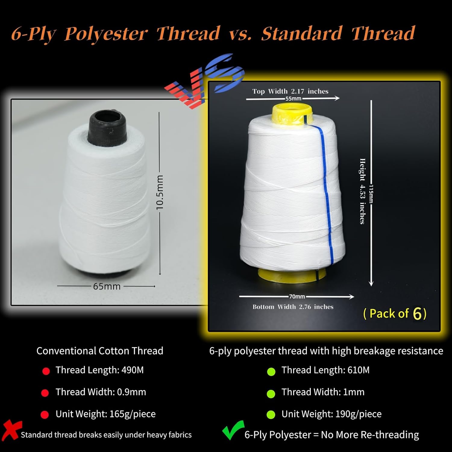 Heavy Duty Bag Sewing Machine Thread｜6-Ply Industrial Polyester Thread, 610M per Spool｜For Rice Bags, Canvas, Carpets & Leather Composite Bags (Sewing Machine Not Included)