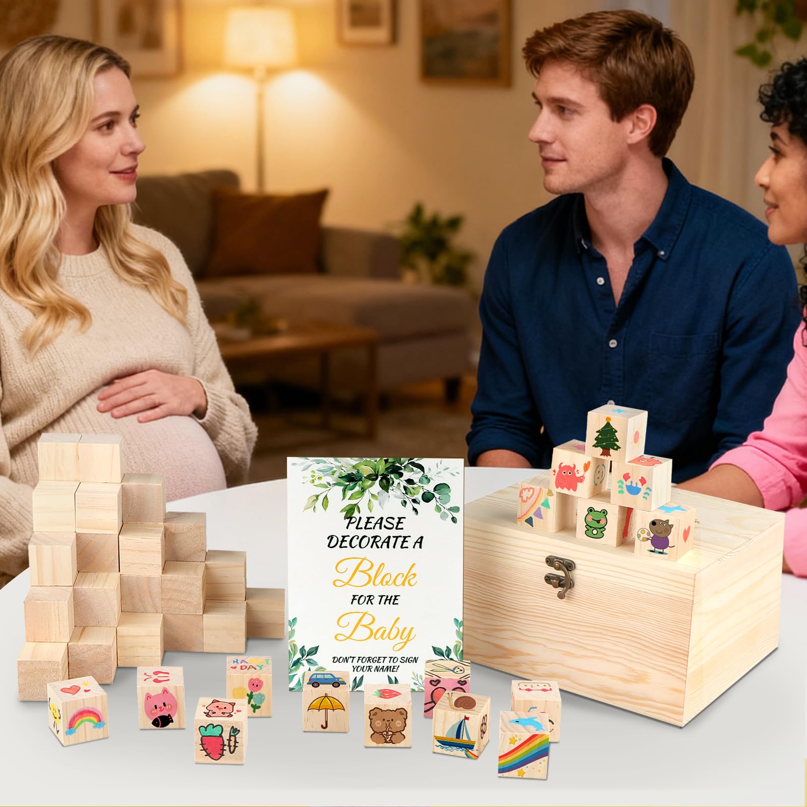 Juego de construcción de 93 piezas para baby shower con 60 cubos de madera para pintar + 24 lápices acrílicos + 6 plantillas + cartel de madera blanco + caja de madera baby shower