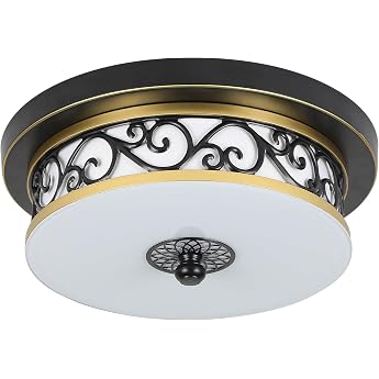 Ceiling Light Vintage Round Diameter 30 x Height 10 cm Iron Glass Fabric Ceiling Light Black Villa LED Ceiling Light Flat for Living Room Bedroom Kitchen Dining Room Fur Lamp Ceiling 4500 K Neutral Light [Energy Class F]