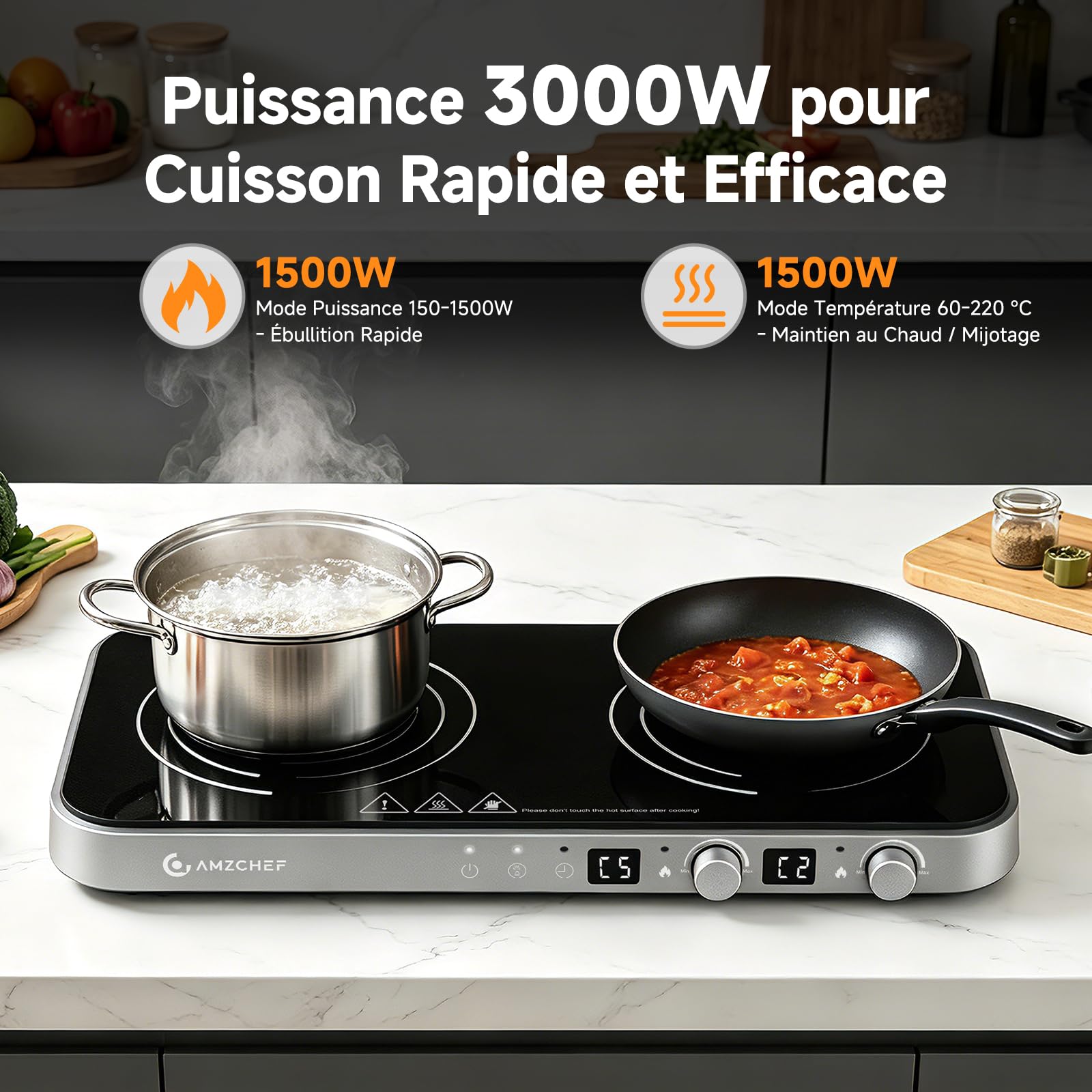 AMZCHEF 3000W Plaque à Induction 2 Feux, Plaque Induction Double Portable avec Plaque de Gril Amovible, 9 Niveaux de Puissance/Température, pour BBQ d'intérieur et Camping-car, Gris Fer