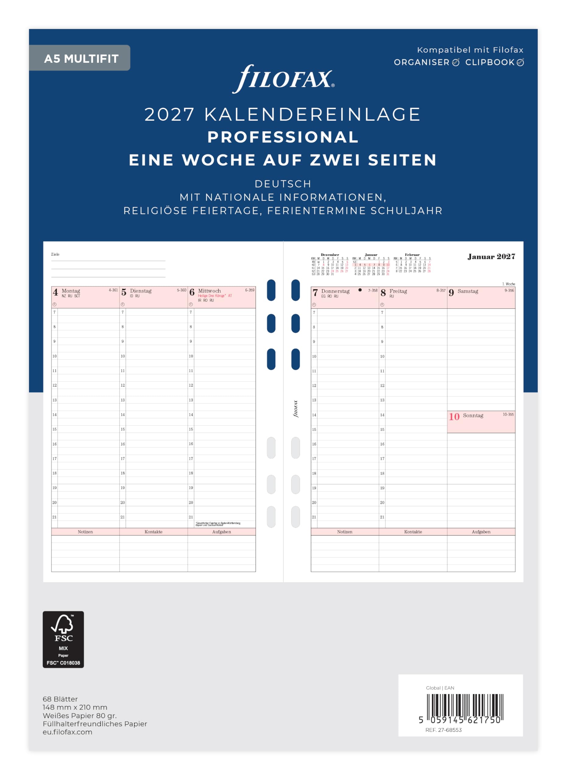 Filofax Calendar Insert A5 Professional 1 Week on 2 Pages German 2027
