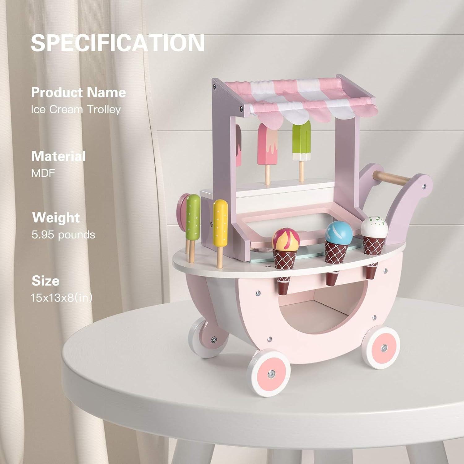 ROBUD Wooden Ice Cream Cart Toys for Kids, Toddlers Pretend Play Food Truck, Gift for Girls and Boys 3 Years & Up, Pink