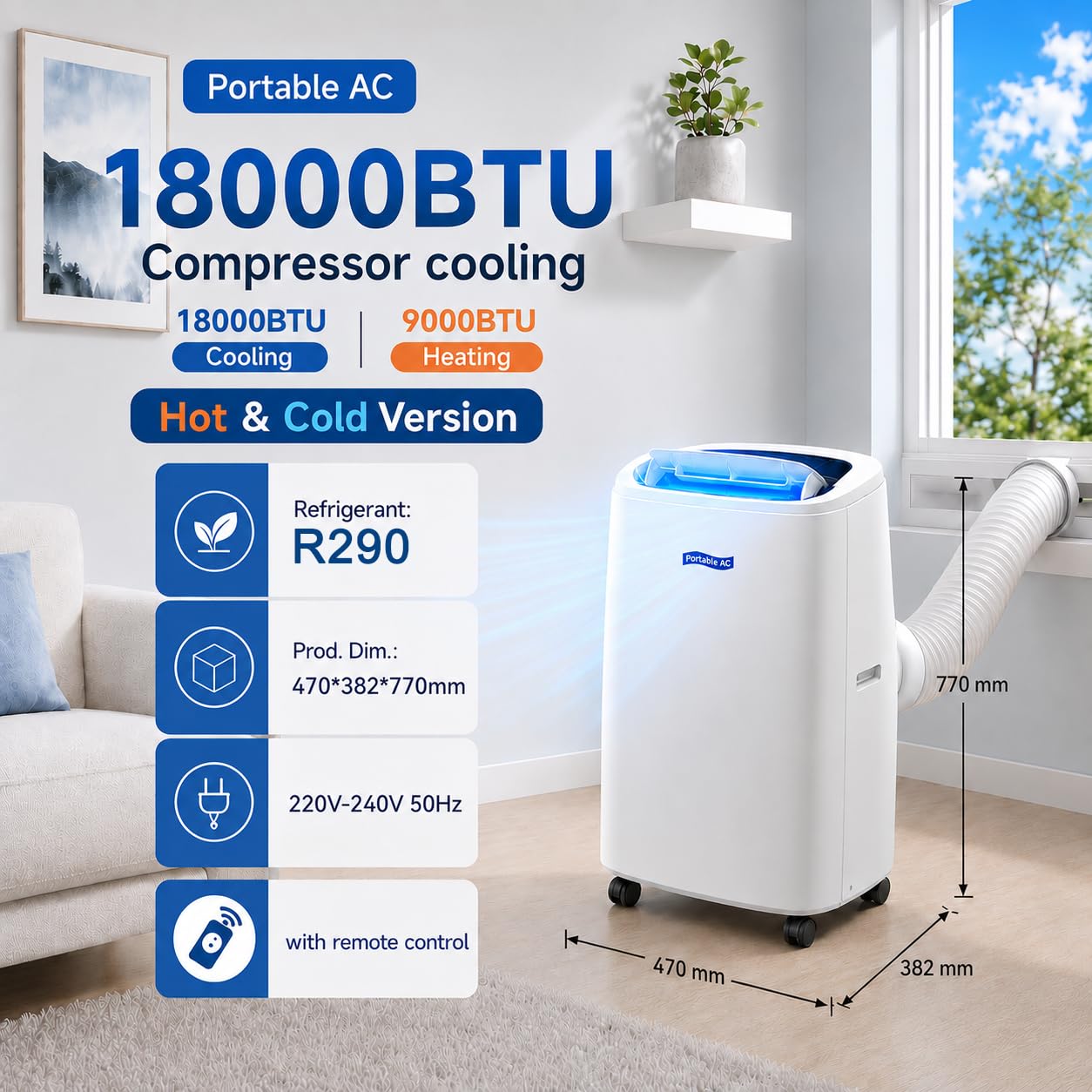 Przenośny klimatyzator do pomieszczeń do 30 m² z ogrzewaniem 9000 BTU (18000BTU) | Urządzenie chłodzące 12000/14000/18000 BTU z osuszaczem powietrza, wentylatorem, ogrzewaniem, pilotem i timerem