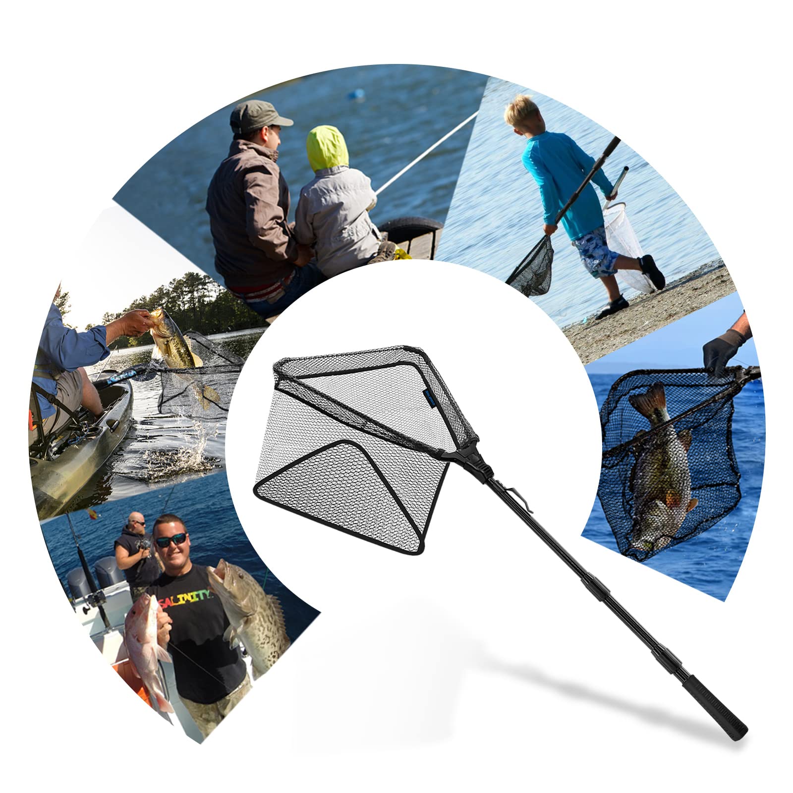 KOMCLUB Retino da Pesca Pieghevole Guadino Gommato Guadino Pesca Telescopico Triangolo Rete Pesca con Manico Antiscivolo in Gomma