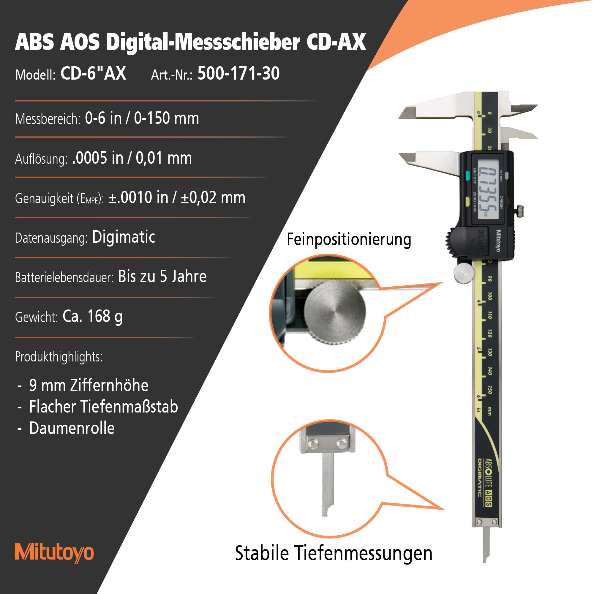 Mitutoyo MIT500-171-30 Absolute Digimatic Messschieber, 0–150 mm