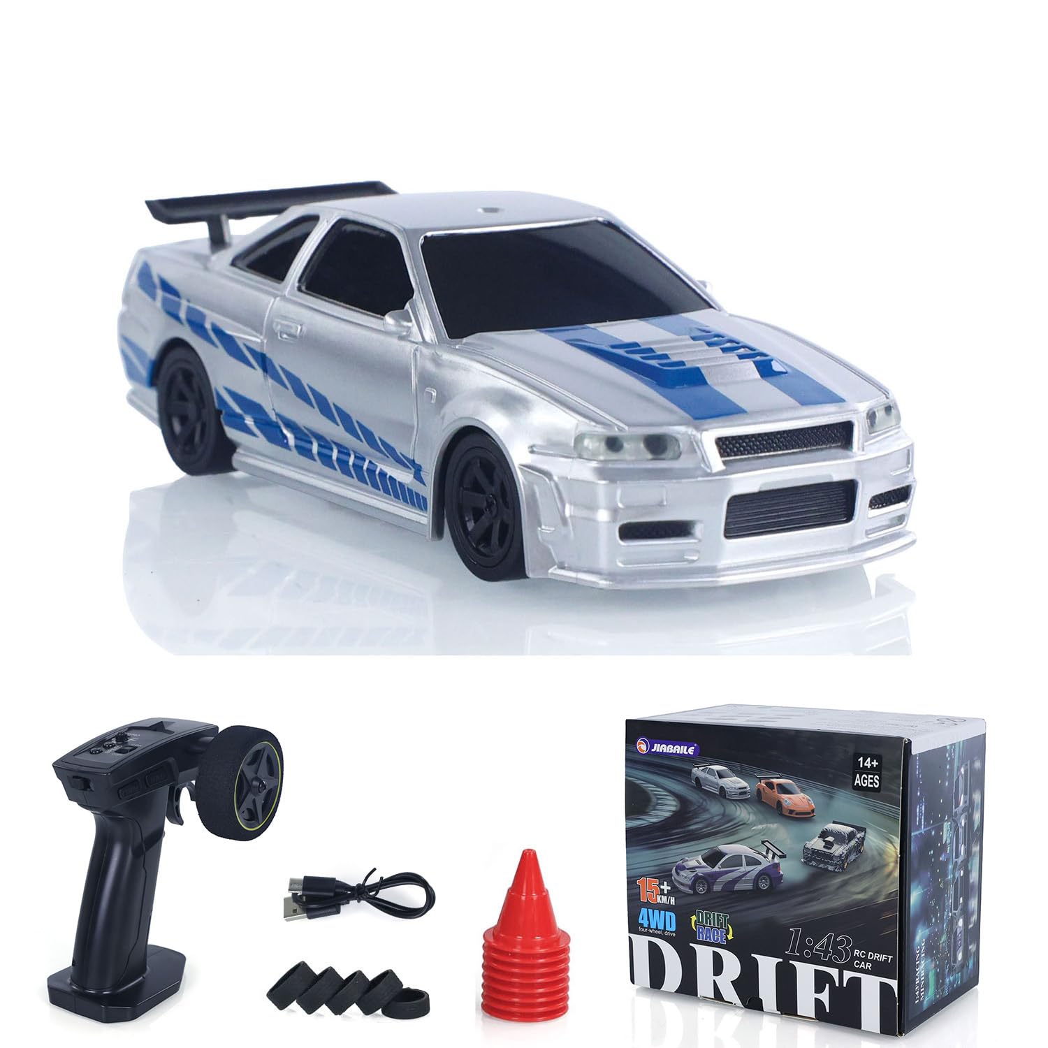 wheelfun JBL 1/43 R34 High-Speed RC Drift Car with All-Wheel Drive 2.4 GHz Radio Control Motor Electronic Speed Controller ESC Servo Motor Lighting Battery Ready to Use Mini Toy Vehicle Gift