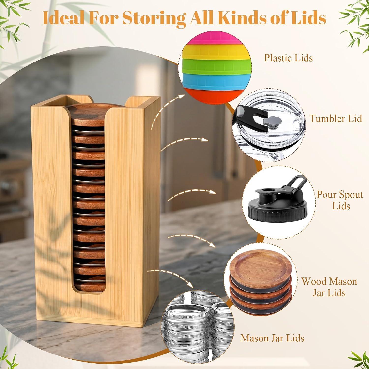 2 Pack Square Bamboo Mason Jar Lid Organizer, Vertical Canning Lid Storage Holder for Wide Mouth & Regular Mouth Lids, Fits 20-24 Mason/Canning/Bamboo Lids，Modern Kitchen Organization Accessories