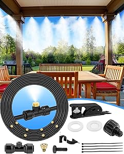 wudee Misters for Outside Patio, 33FT(10M) Misting Line, 8 Brass Mist Nozzles and Brass Adapter(3/4