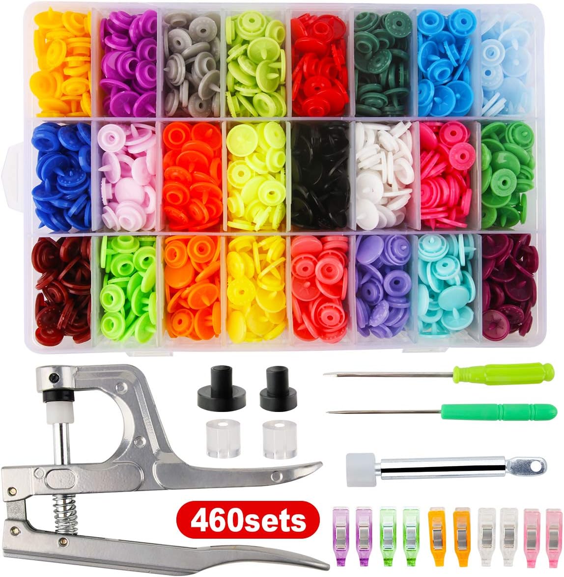 Colorful plastic snaps in an organized clear container with a silver plier tool for attaching the snaps.