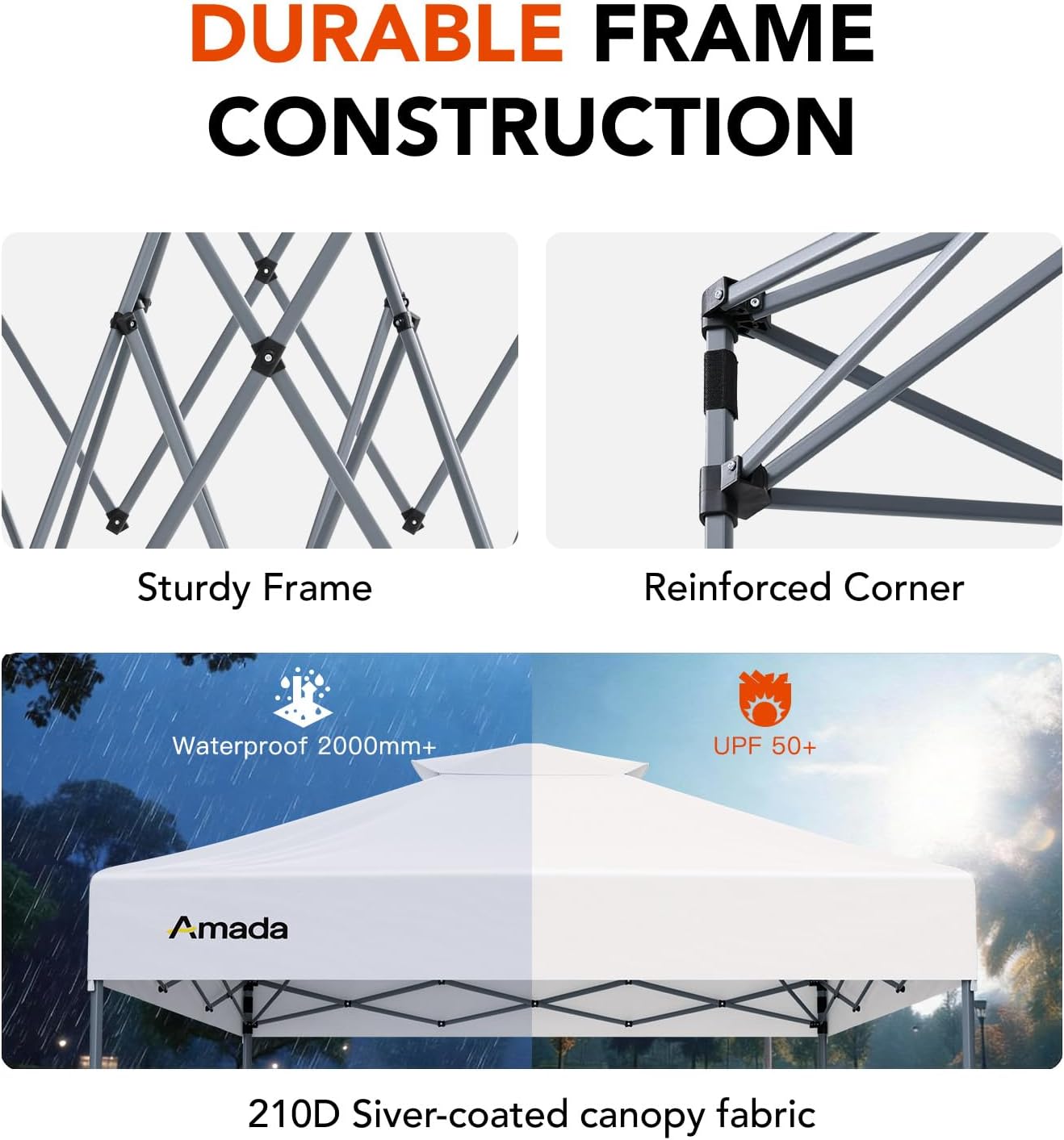 Amada 10x10 Pop Up Canopy - Center Lock One Push Instant Setup Gazebo Outdoor Canopy Beach Tent with STO-N-Go Bag 8 Stakes & 4 Sand Bags, 3-Height Adjustable Shade Shelter (10x10ft, White)