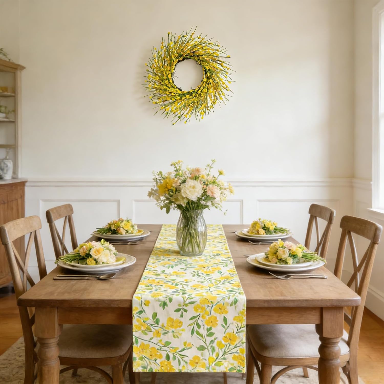 Bibelot 20inch Artificial Forsythia Flower Wreath, All Year Around Wreath for Front Door, Wedding Window Home Wall Indoor Front Door Decor (Yellow, 20in)