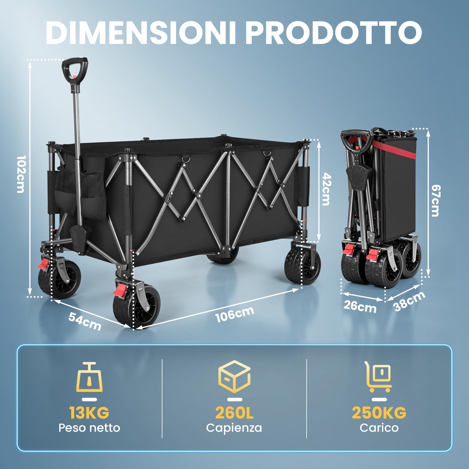 YEAUPE PRO Carrello Spiaggia Pieghevole XXXL – Doppi freni, doppia forcella rinforzata, ruote grandi, manico regolabile, rete elastica inclusa, carrello con ruote portatutto – 250kg/260L, Nero