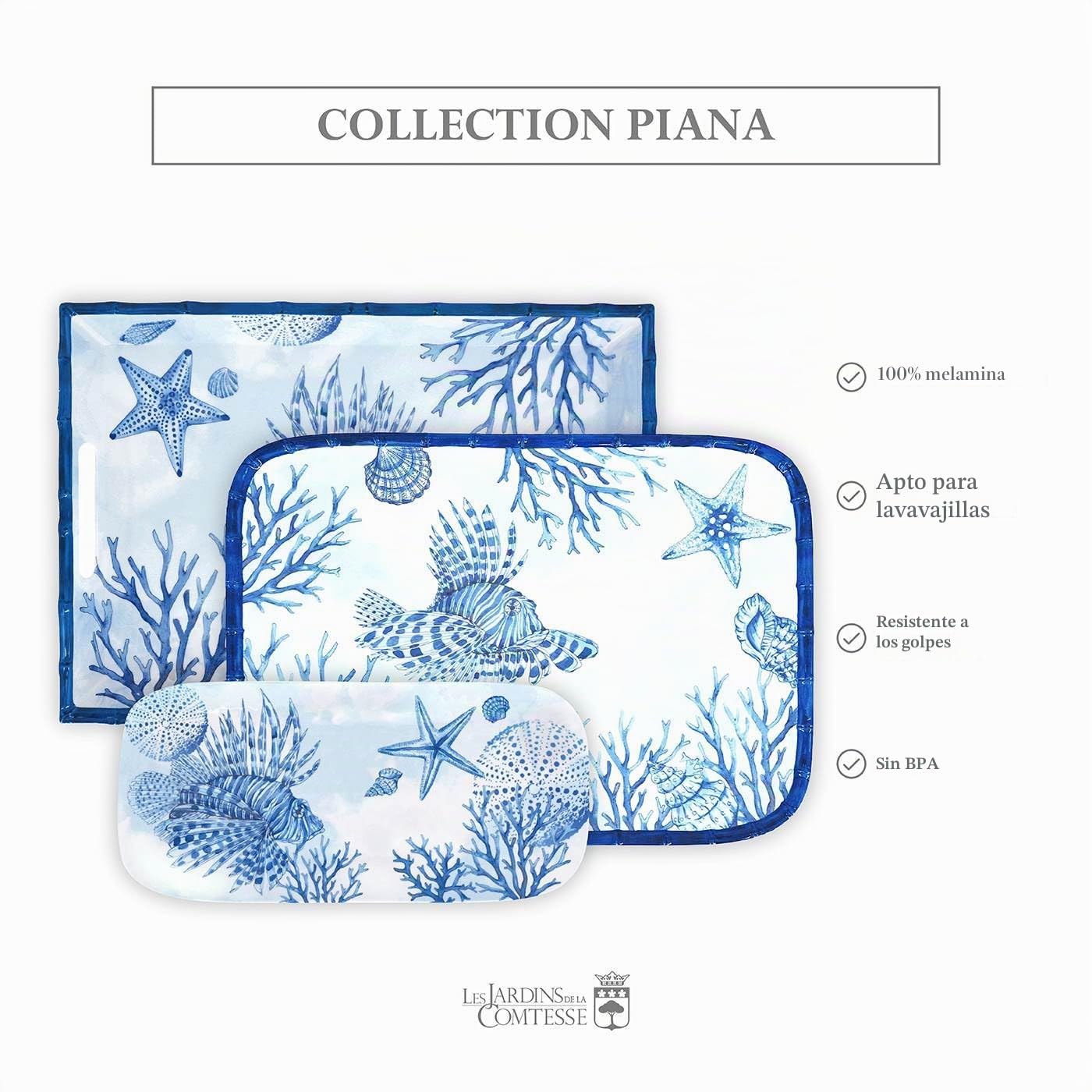 Les Jardins de la Comtesse – Bandeja grande de melamina con asas de coral 50 x 36 x 5 cm – Colección Piana