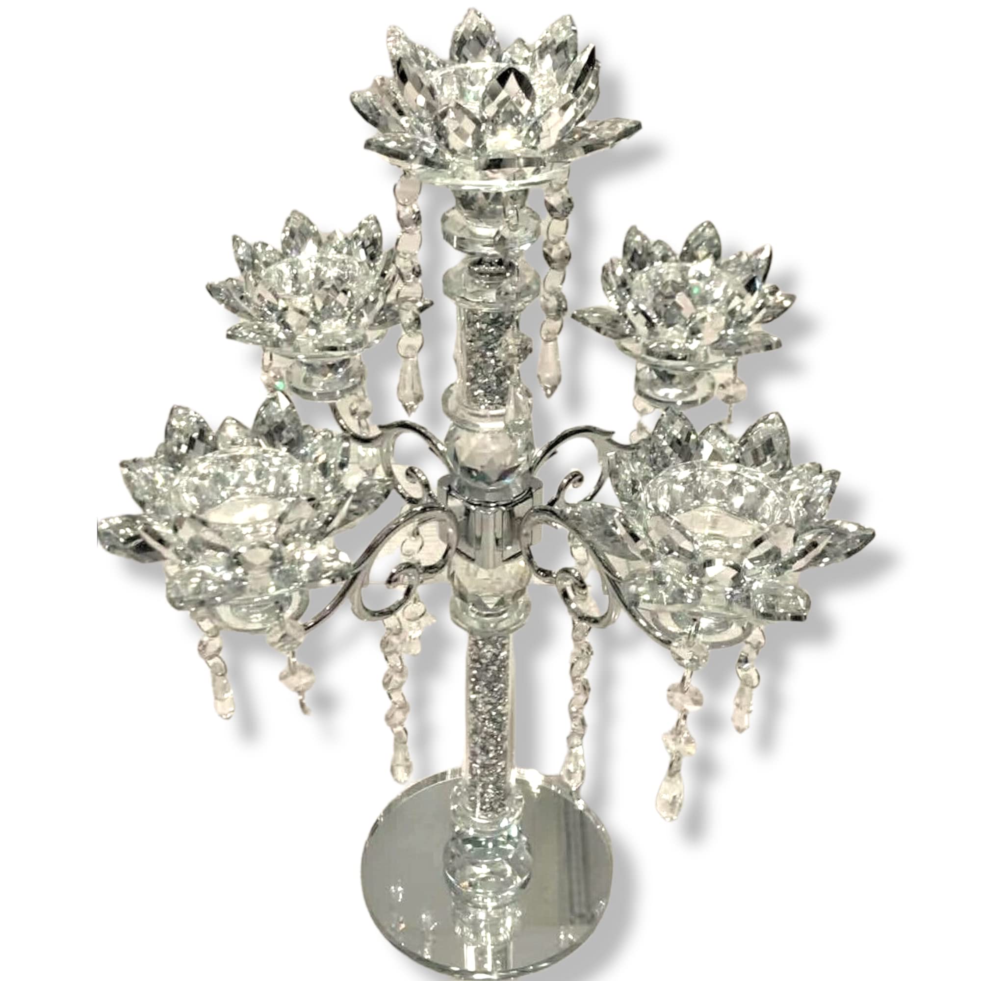 Crystal Crown Silver Crystal Glass Lotus Tealight Holders, Set Of 5, Hanging Petals, Vintage Candlestick, 35Cm, Table Centrepiece, Home Decor, Living Room, Bedroom, Wedding, Birthday, Christmas, Party Ornaments