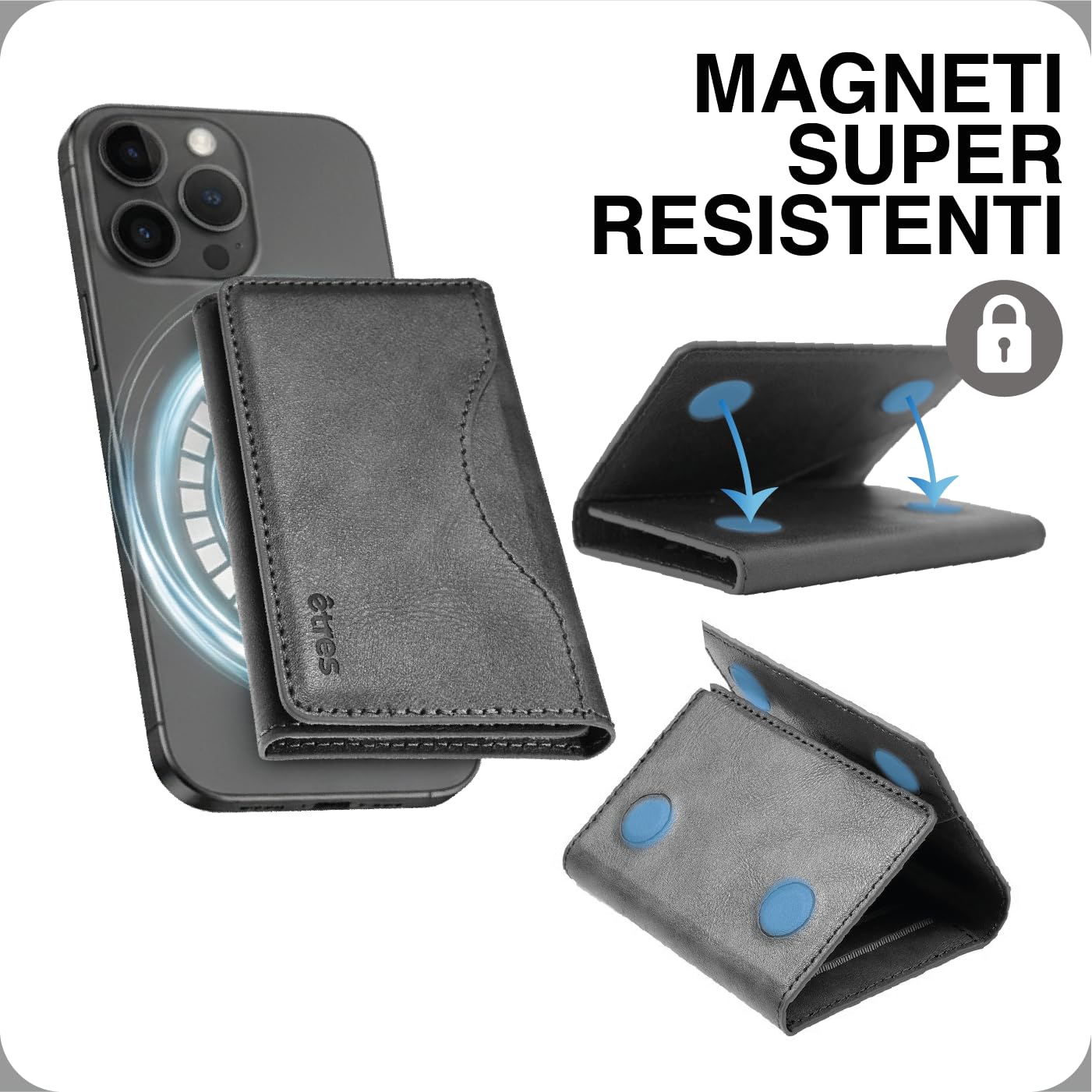 Portafoglio Etres Magnetico wallet Slim Compatibile con MagSafe per iPhone 16/15/14/13/12 Serie, Porta Carte in PU Blocco Rfid protezione, o pagamento contact less fino a 6 carte + contanti (GREY)